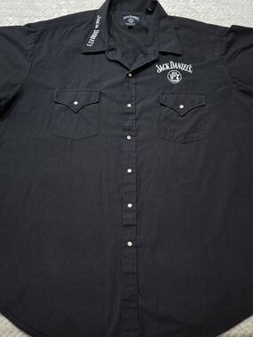 Jack Daniels Shirt Mens XXL Pearl Snap Short Sleeve Solid Black Western